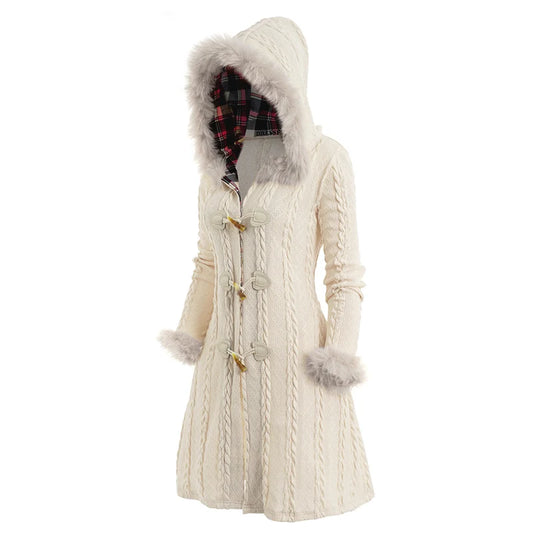 Dressfo Women's Christmas Coats Top Cable Knit Plaid Faux Fur Panel Hooded Coat Horn Button Long Knitted Coat Winter Warm Coats