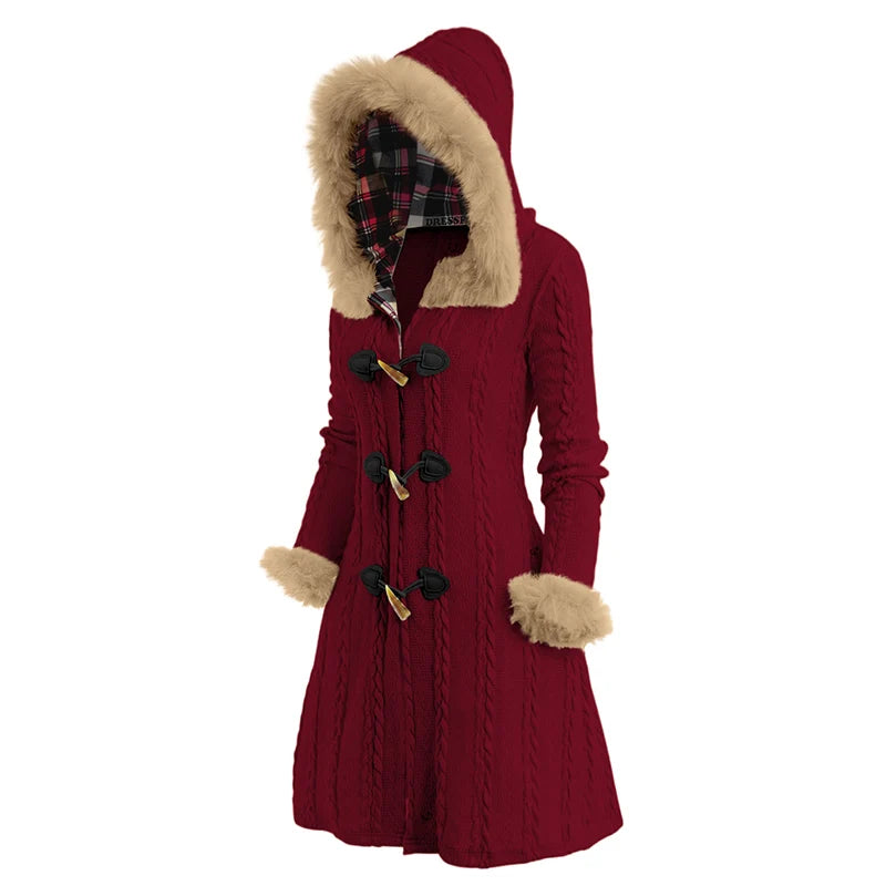 Dressfo Women's Christmas Coats Top Cable Knit Plaid Faux Fur Panel Hooded Coat Horn Button Long Knitted Coat Winter Warm Coats