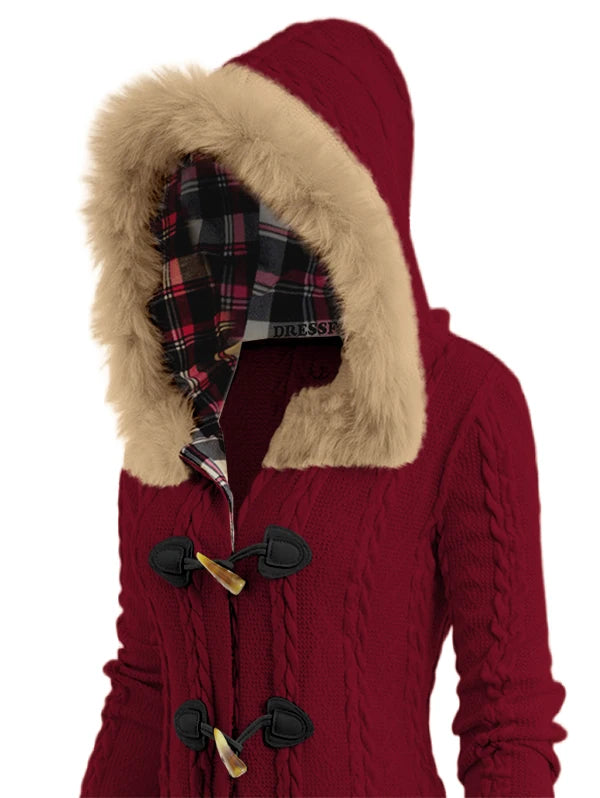 Dressfo Women's Christmas Coats Top Cable Knit Plaid Faux Fur Panel Hooded Coat Horn Button Long Knitted Coat Winter Warm Coats